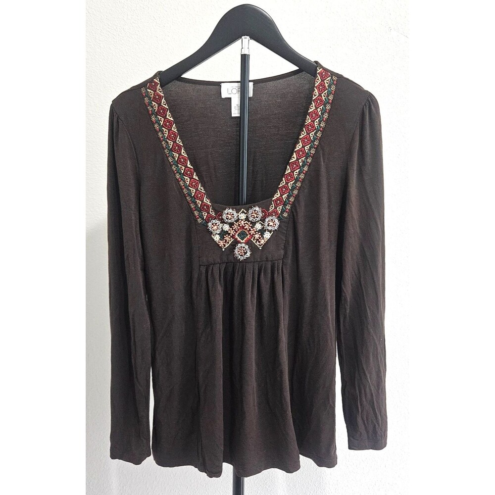 LOFT Ann Taylor Brown Embellished Boho Tunic Top‎ Medium Long Sleeve Empire